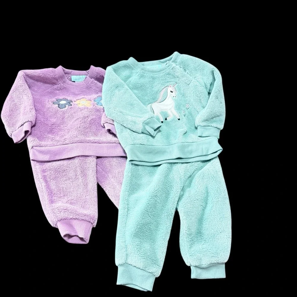 Infant Girl 6 Mo Pekkle Fleece Jogger/sweatsuit Lot Unicorn‎ & Flowers Preowned